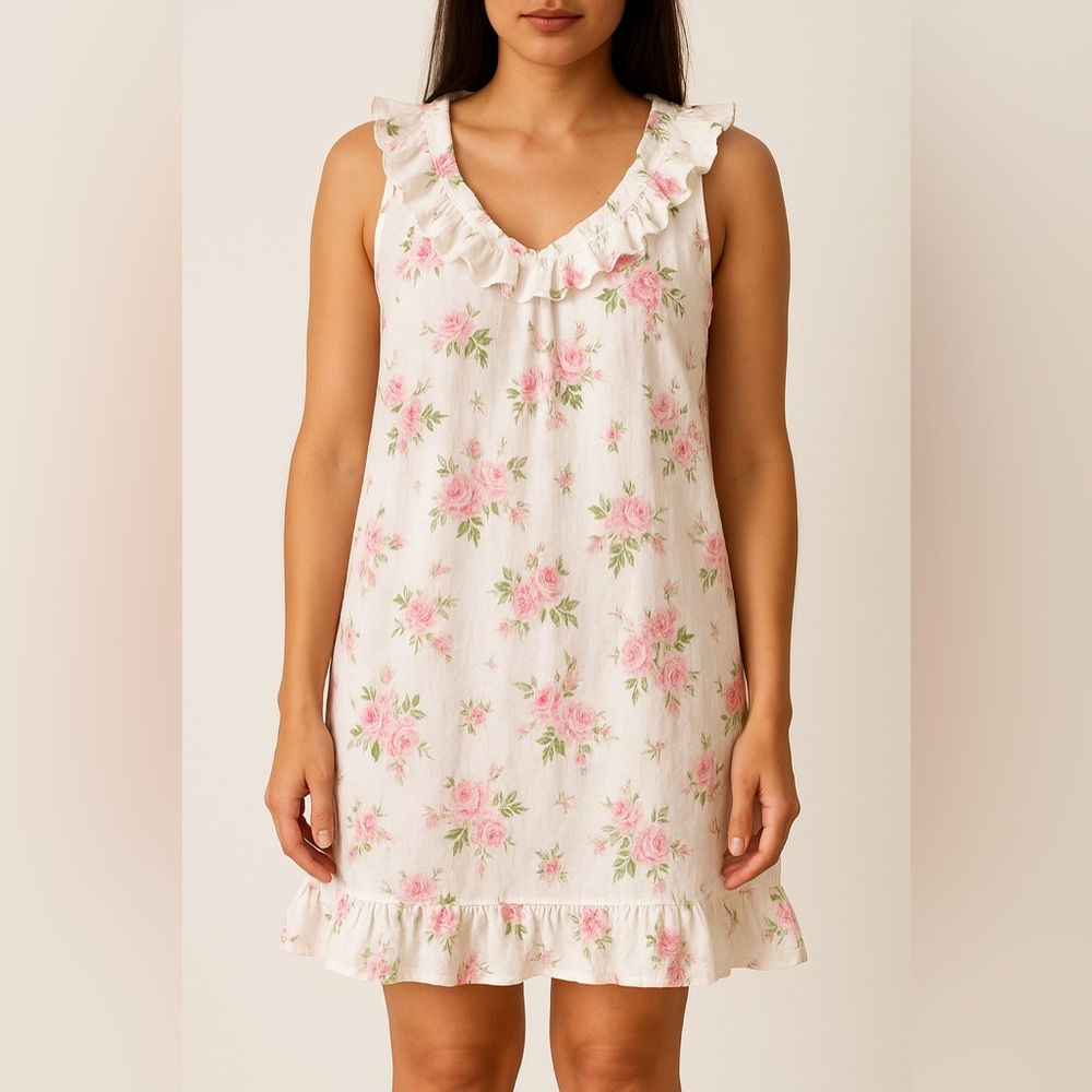 Lauren Ralph Lauren White Floral Ruffle Cotton Nightgown 🩷